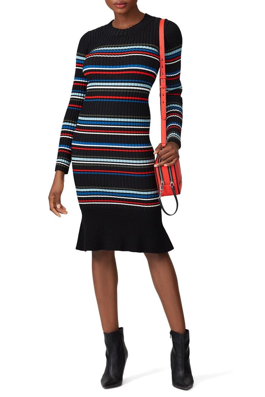 Parker Bruna Black Multicolor Striped Long Sleeve Crewneck Knit Sweater Dress L